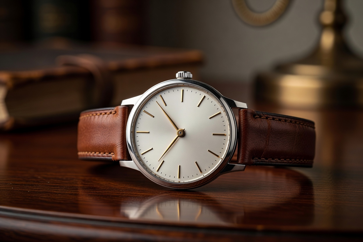 Classic round wristwatch with leather strap representing Longines heritage