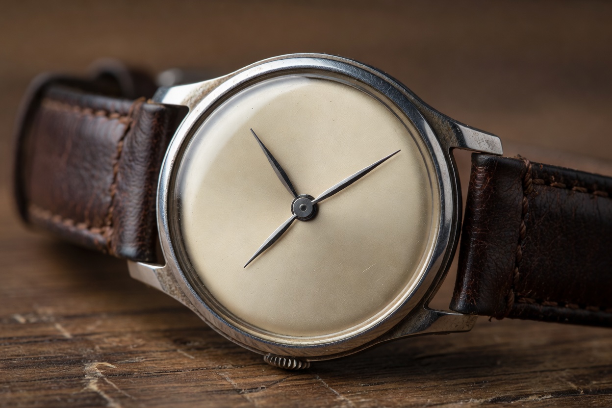 Close-up of a vintage steel wristwatch with a cream dial and slender hands