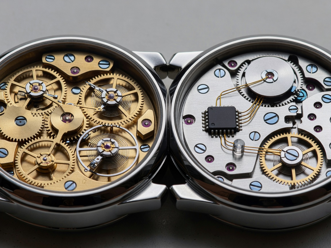 Close view of a wristwatch dial and movement illustrating mechanical versus quartz timekeeping