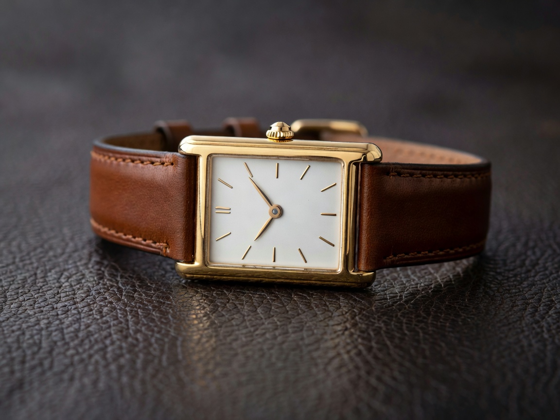 Elegant gold vintage dress watch on leather strap representing the Cartier Tank