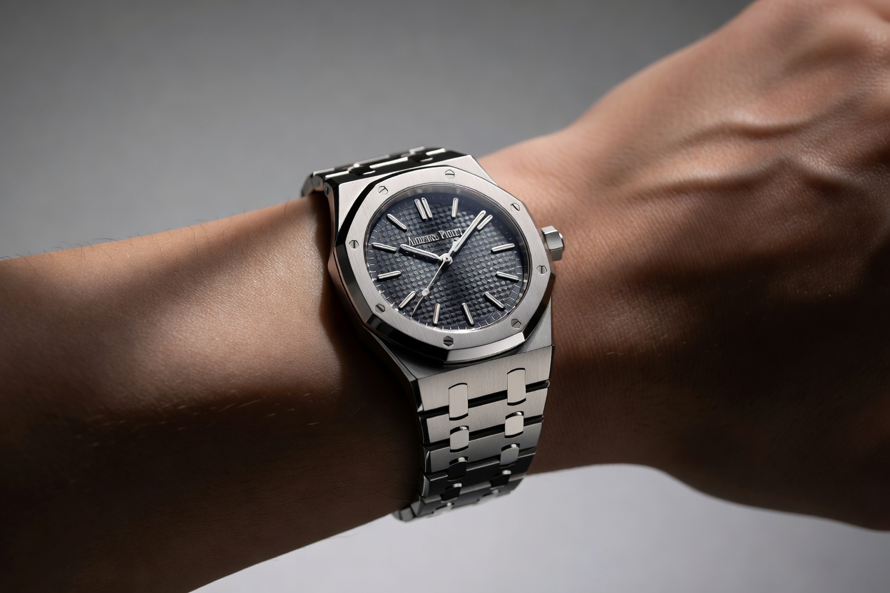 Steel luxury sports watch on wrist representing Audemars Piguet