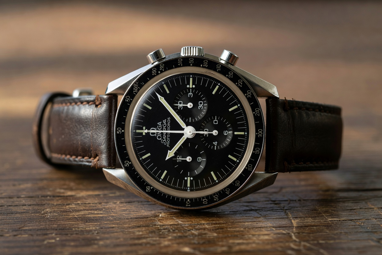 Vintage chronograph wristwatch representing the Omega Speedmaster Professional 145.022