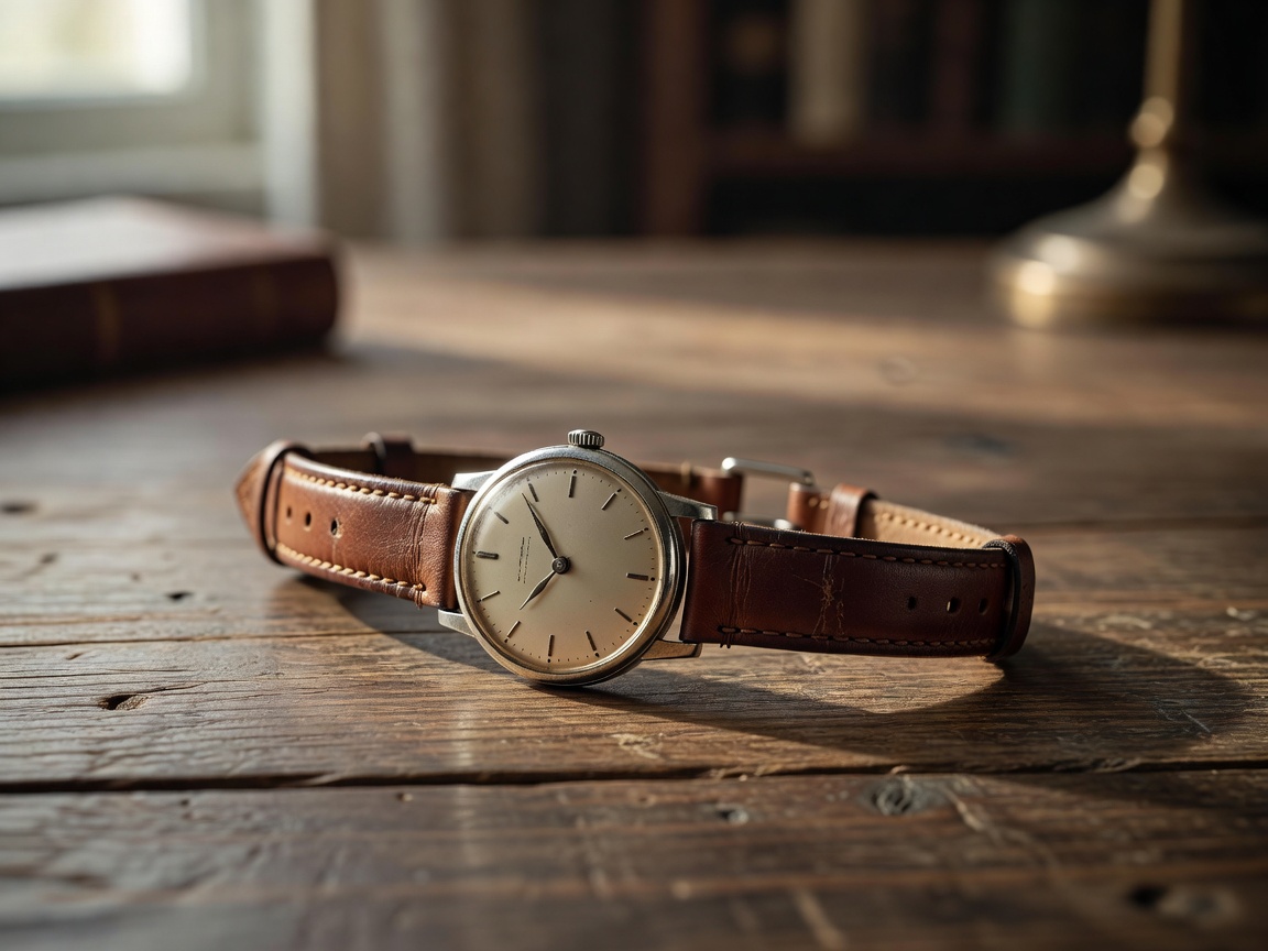 Vintage wristwatch with leather strap laid on a table for a buying guide