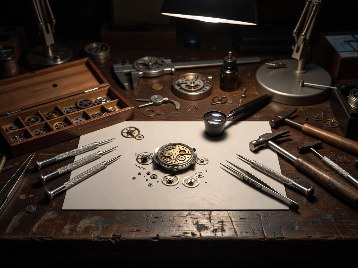 Watchmaker's bench with tools used to inspect and service a vintage watch